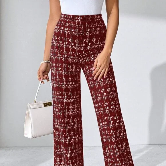 Burgundy Elegant Women's Plaid Knitted Pants - Picture 6 of 6